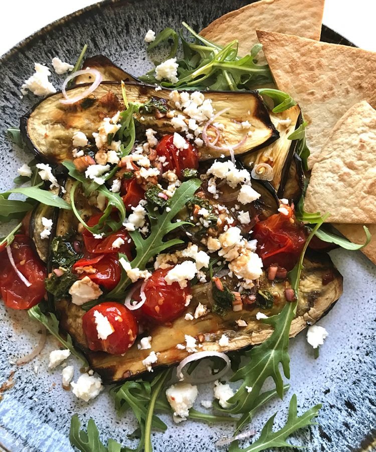 Roasted aubergine with tomatoes & toasted flatbread